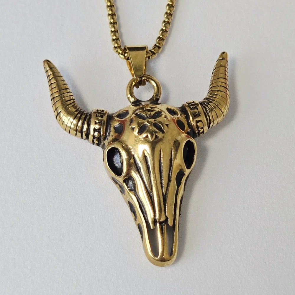 Gold Bull Head Pendant Necklace Western Steer Horned Skull Chain Unisex Outlaw